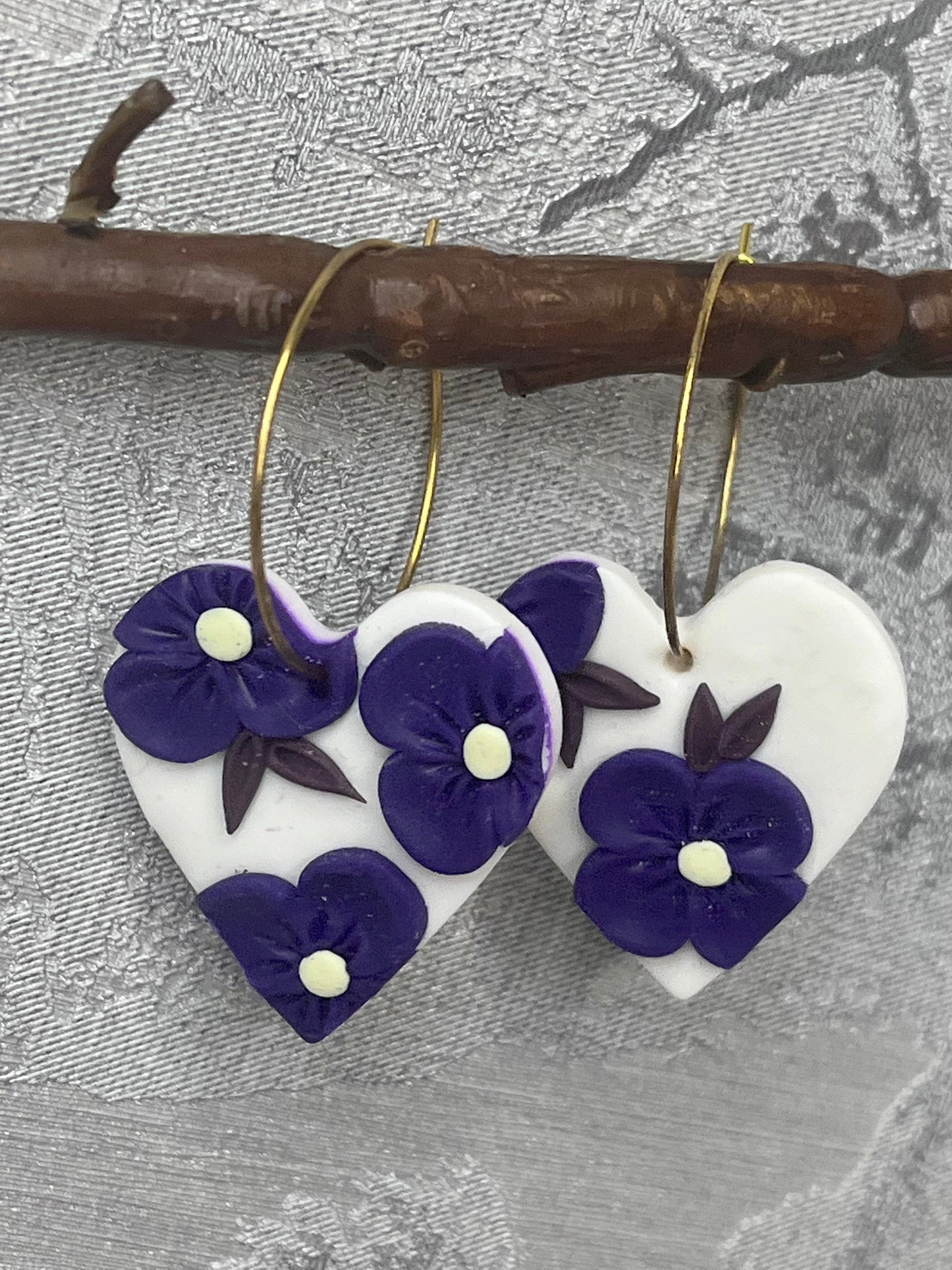 White Heart Purple Flower Polymer Clay Hoop Earrings