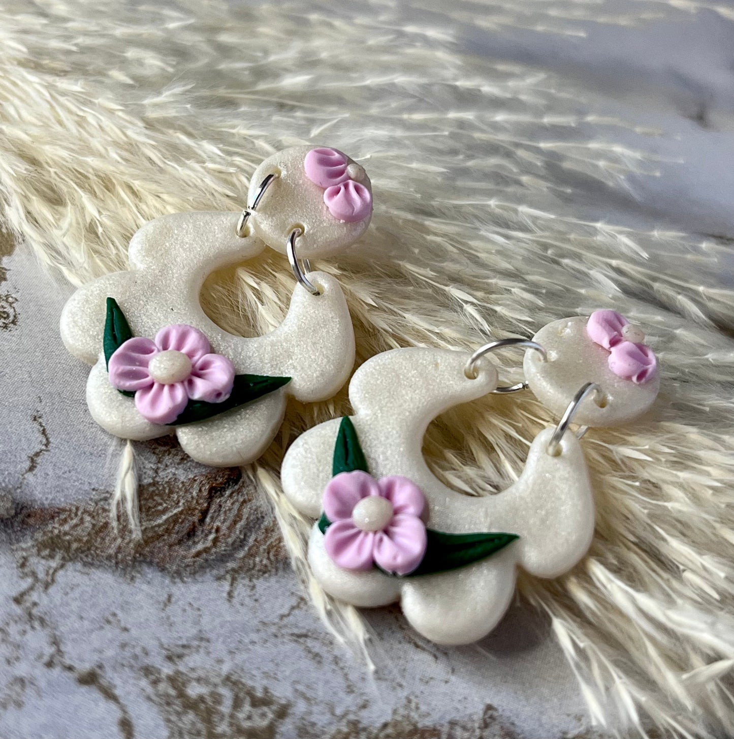 Handmade Pearl Flower Pattern Polymer Clay Earrings