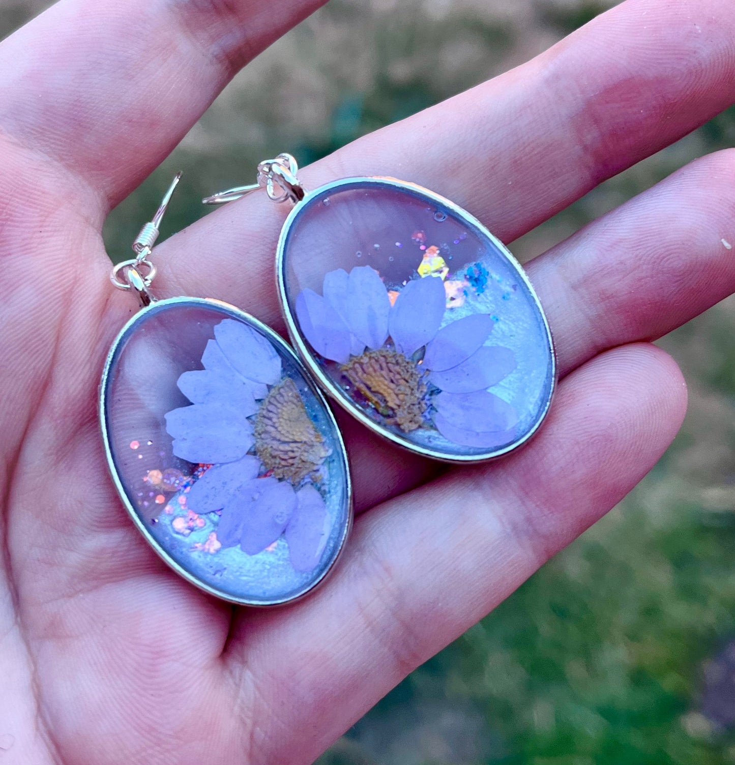 Handmade Oval Purple Flower Earrings