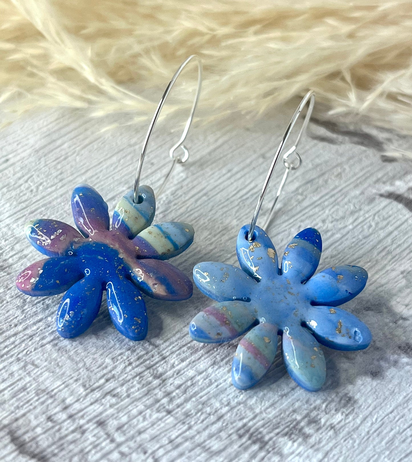 Blue Flower Polymer Clay Hoop Earrings