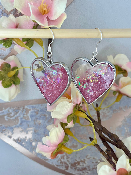 Handmade Pink Heart Resin Earrings