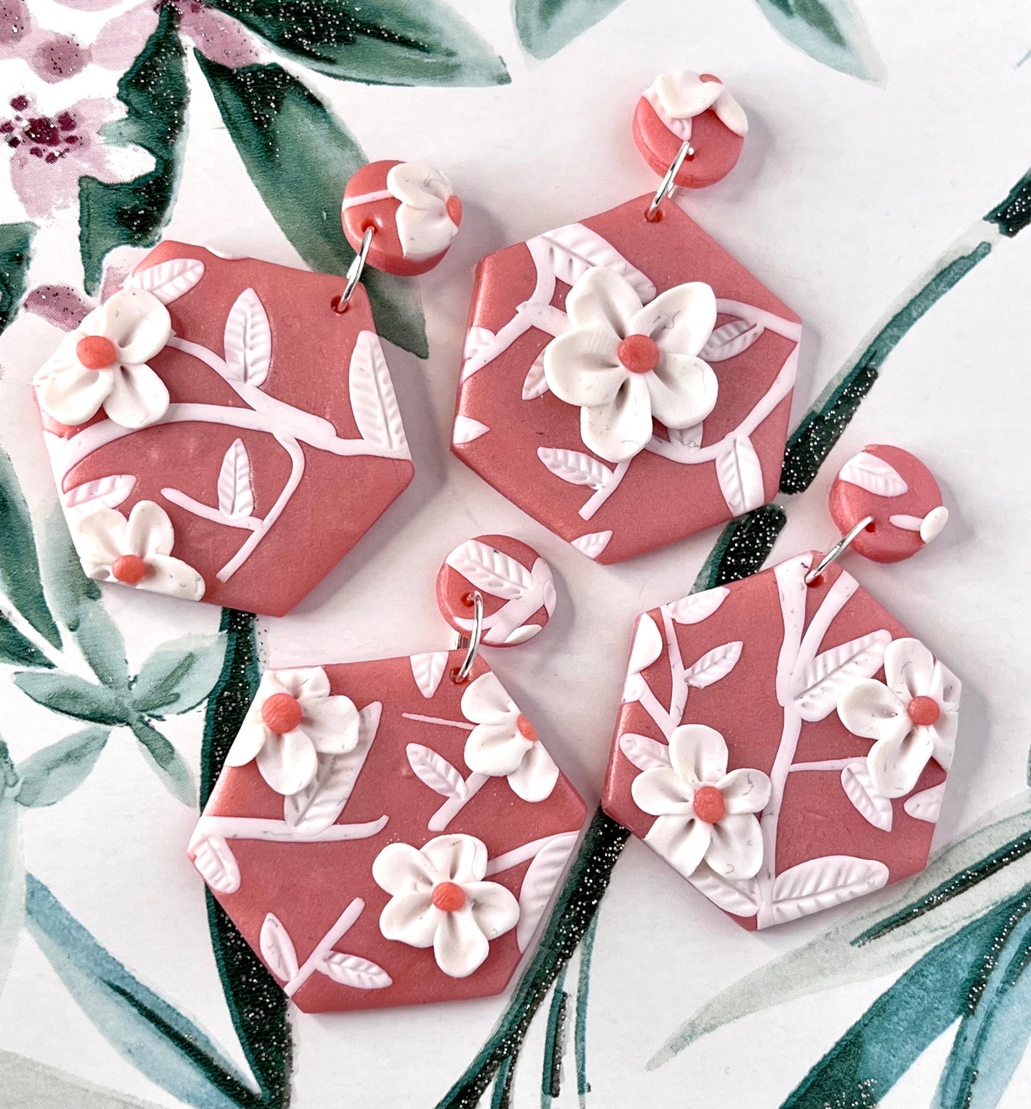 Metallic Pink & White Flower Hexagon Polymer Clay Stud Earrings