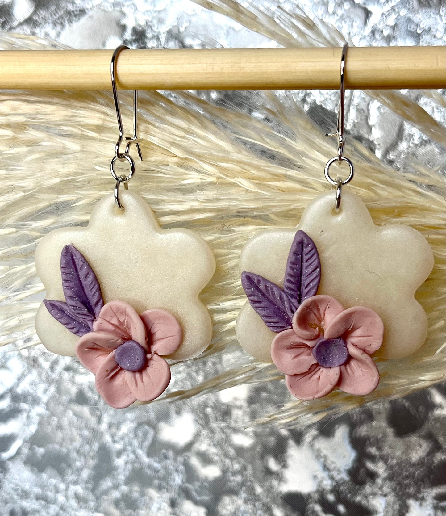 Handmade Pearl & Pink Flower Polymer Clay Earrings