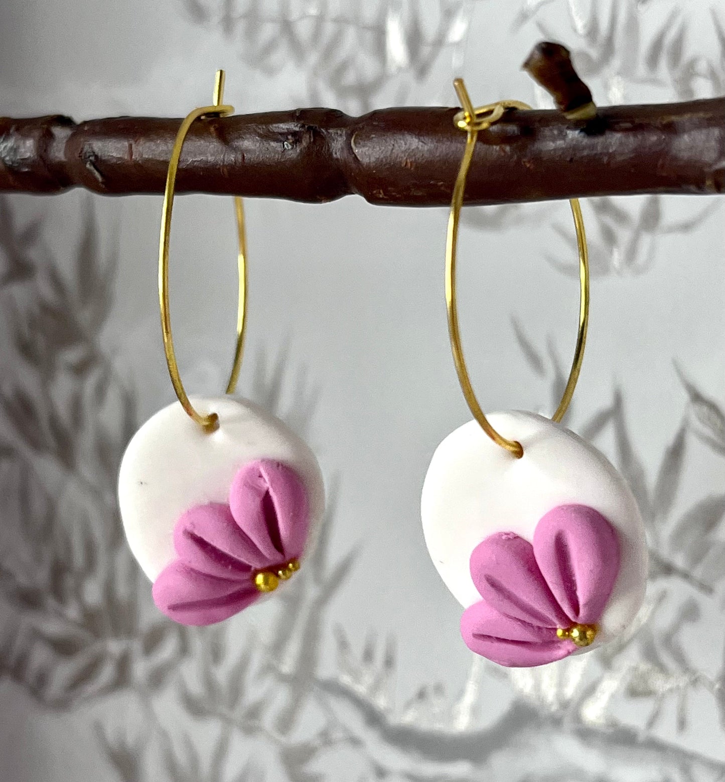 Handmade White & Pink Flower Polymer Clay Hoop Earrings