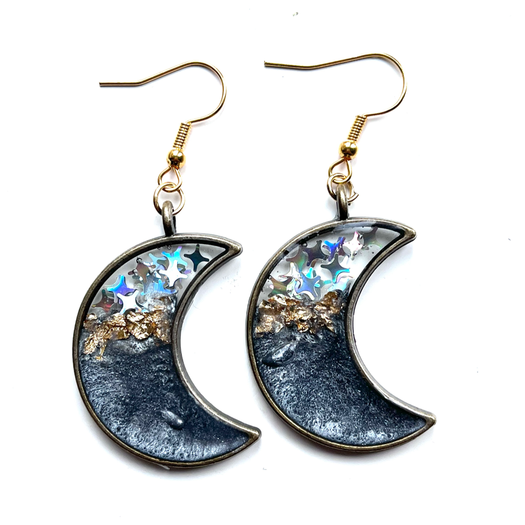 Handmade Grey Moon Resin Earrings