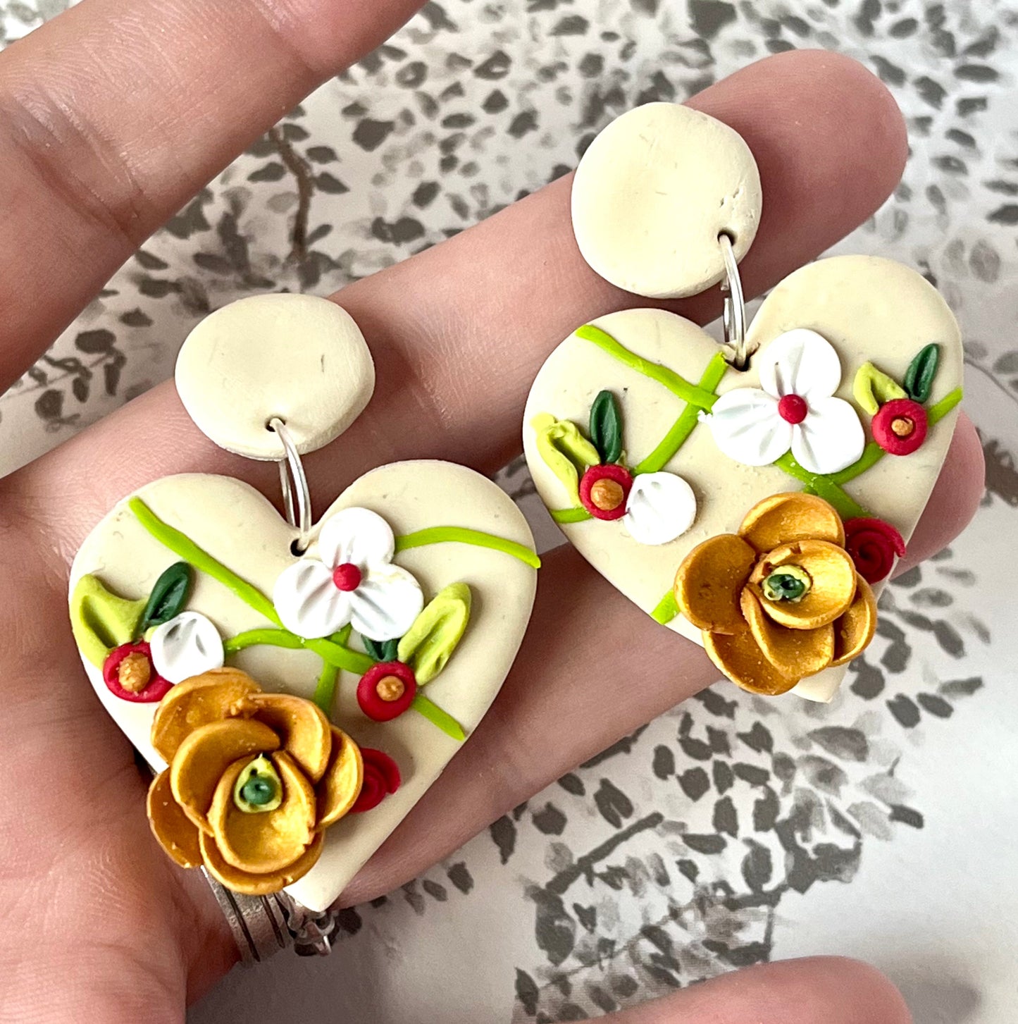 Handmade Heart Polymer Clay Earrings with Metallic Gold Flowers