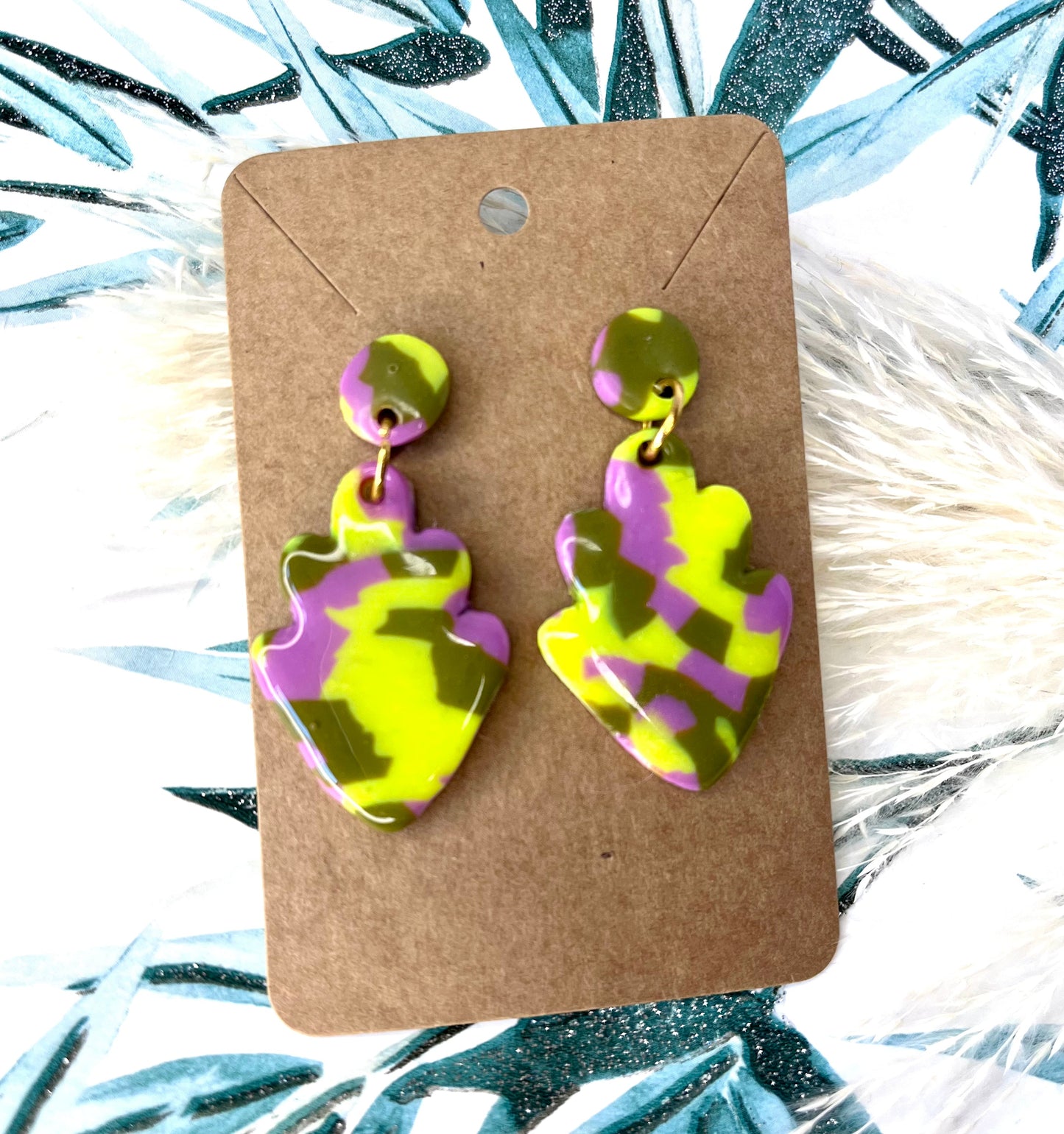 Handmade Yellow, Pink & Green Camo Print Polymer Clay Stud Earrings