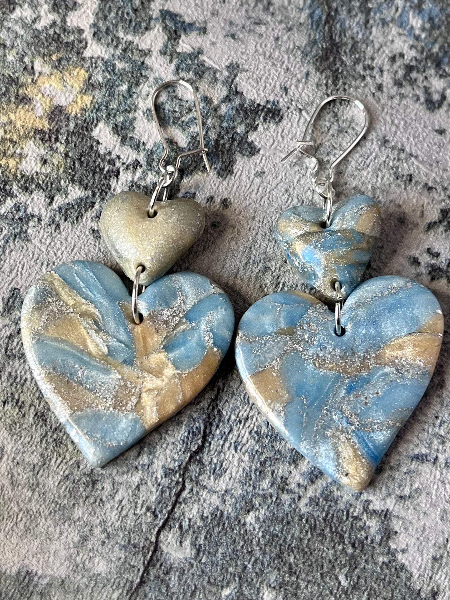 Blue & Gold Marble Pattern Heart Polymer Clay Earrings