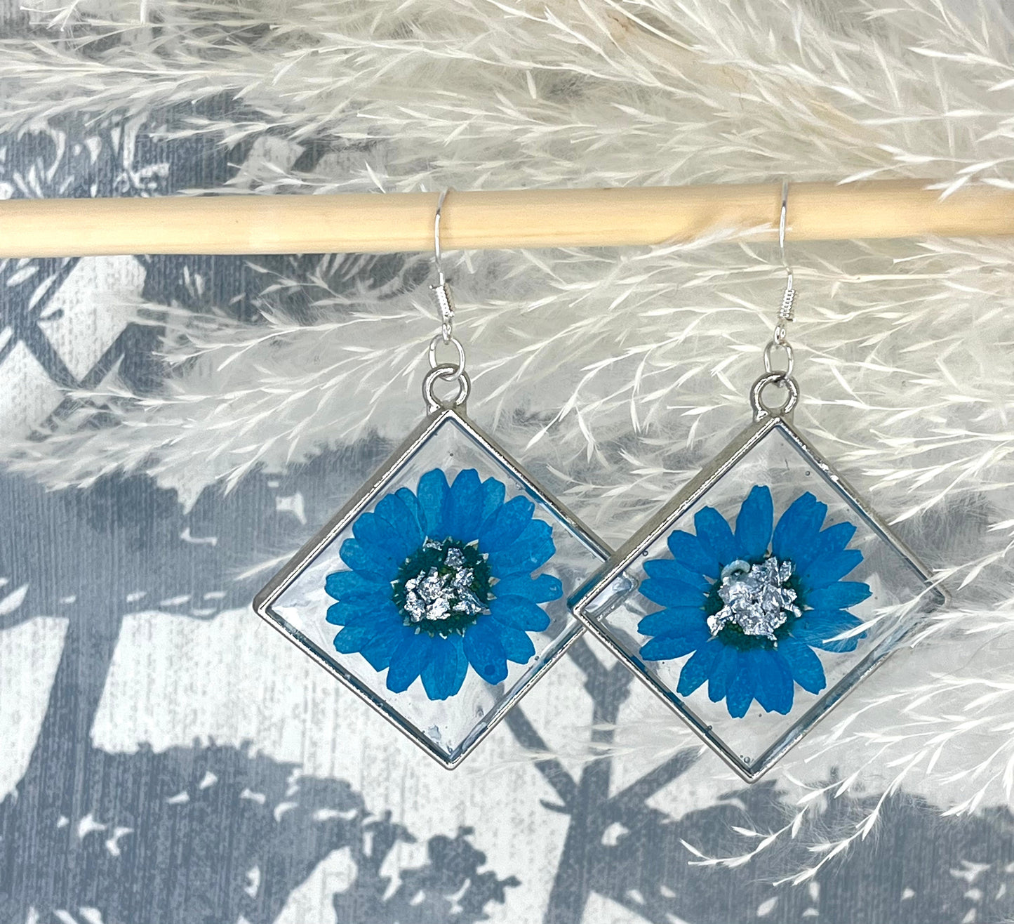 Handmade Blue Flower Diamond Resin Earrings