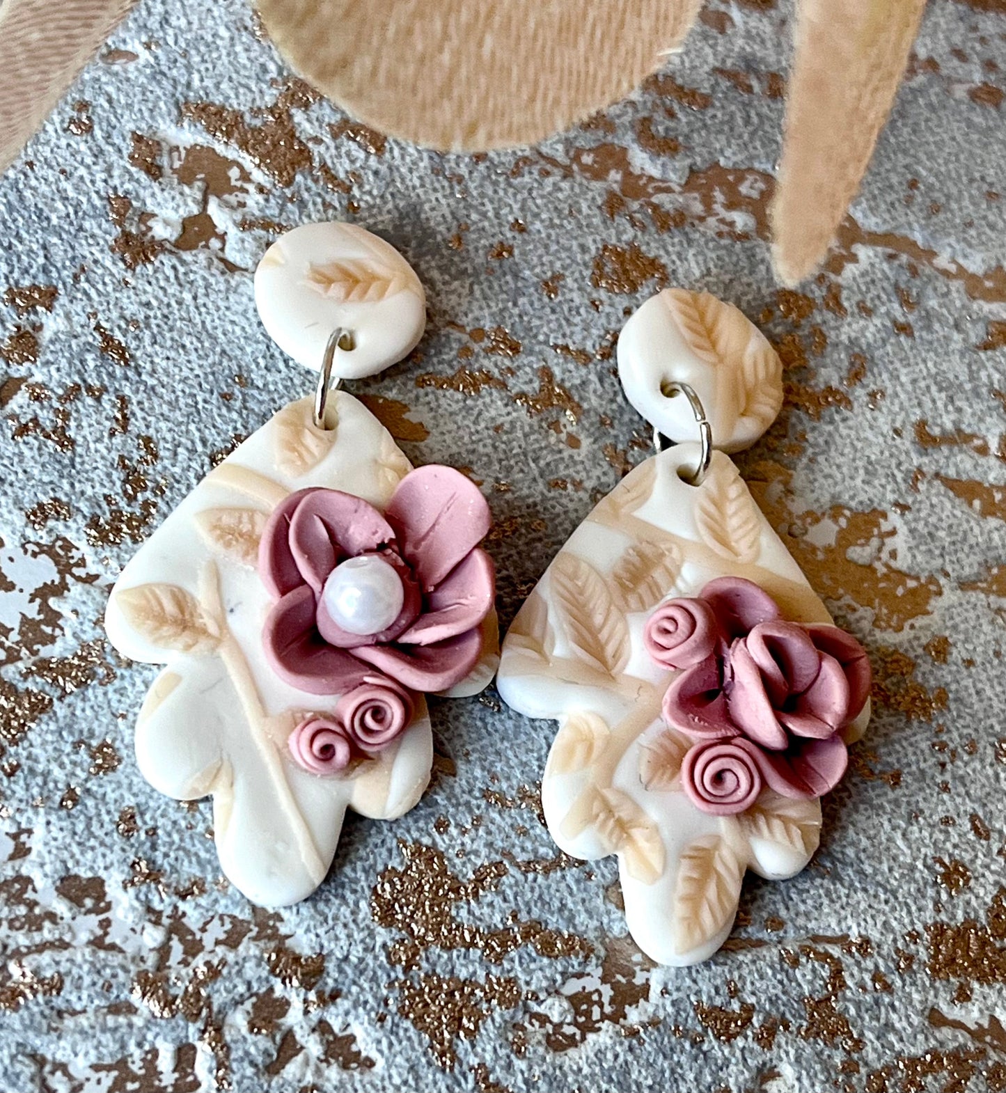 Handmade White & Pink Flower Polymer Clay Earrings