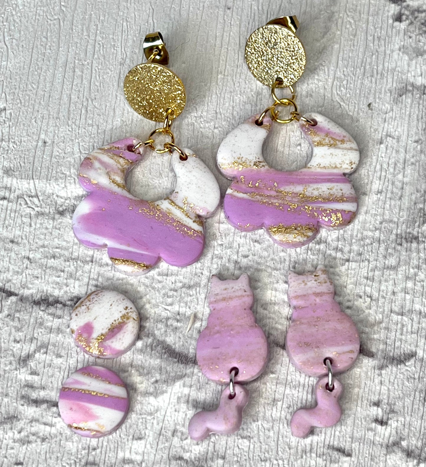 Pink White & Gold Polymer Clay Earrings