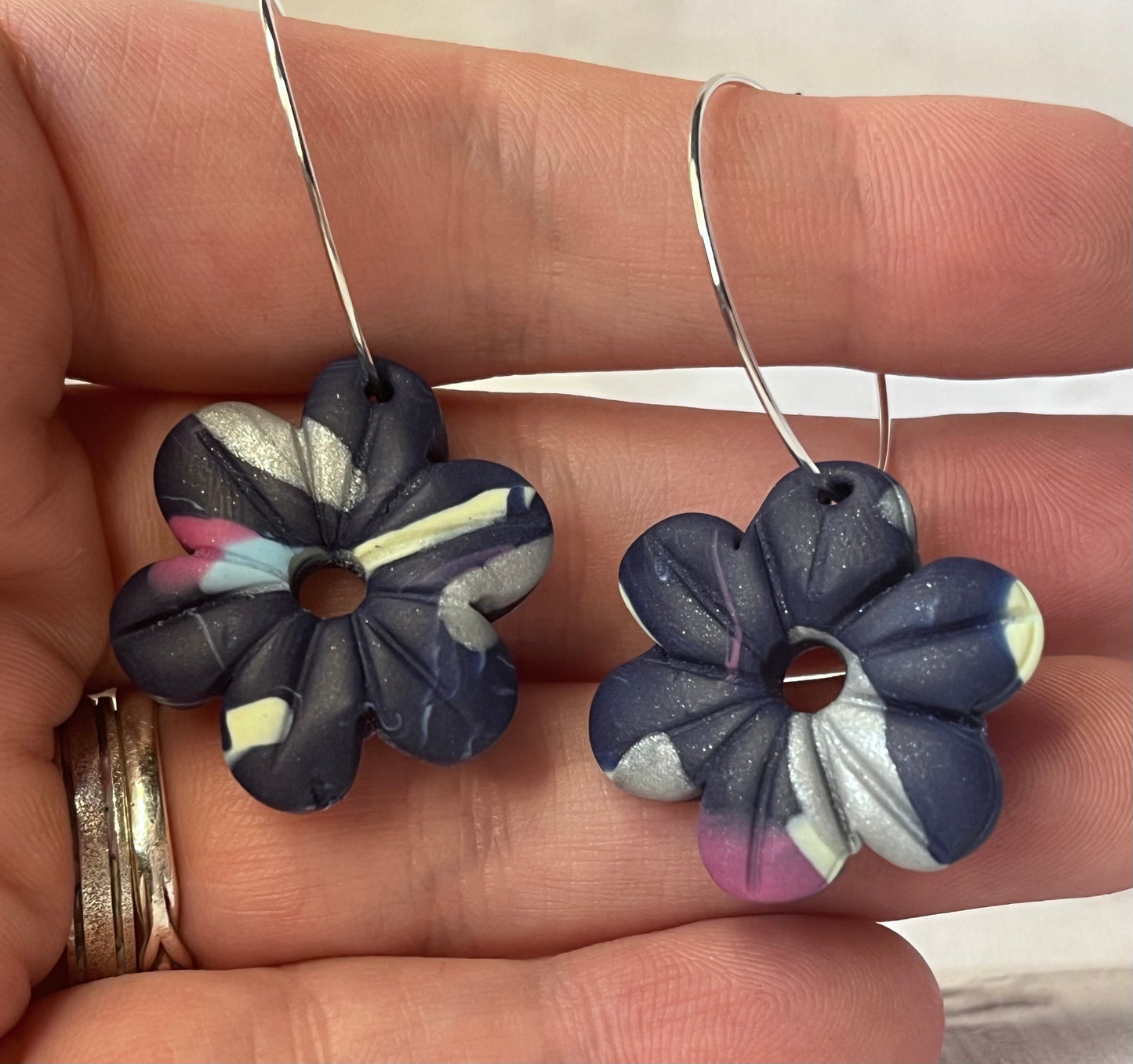 Navy & Pink Floral Polymer Clay Earrings