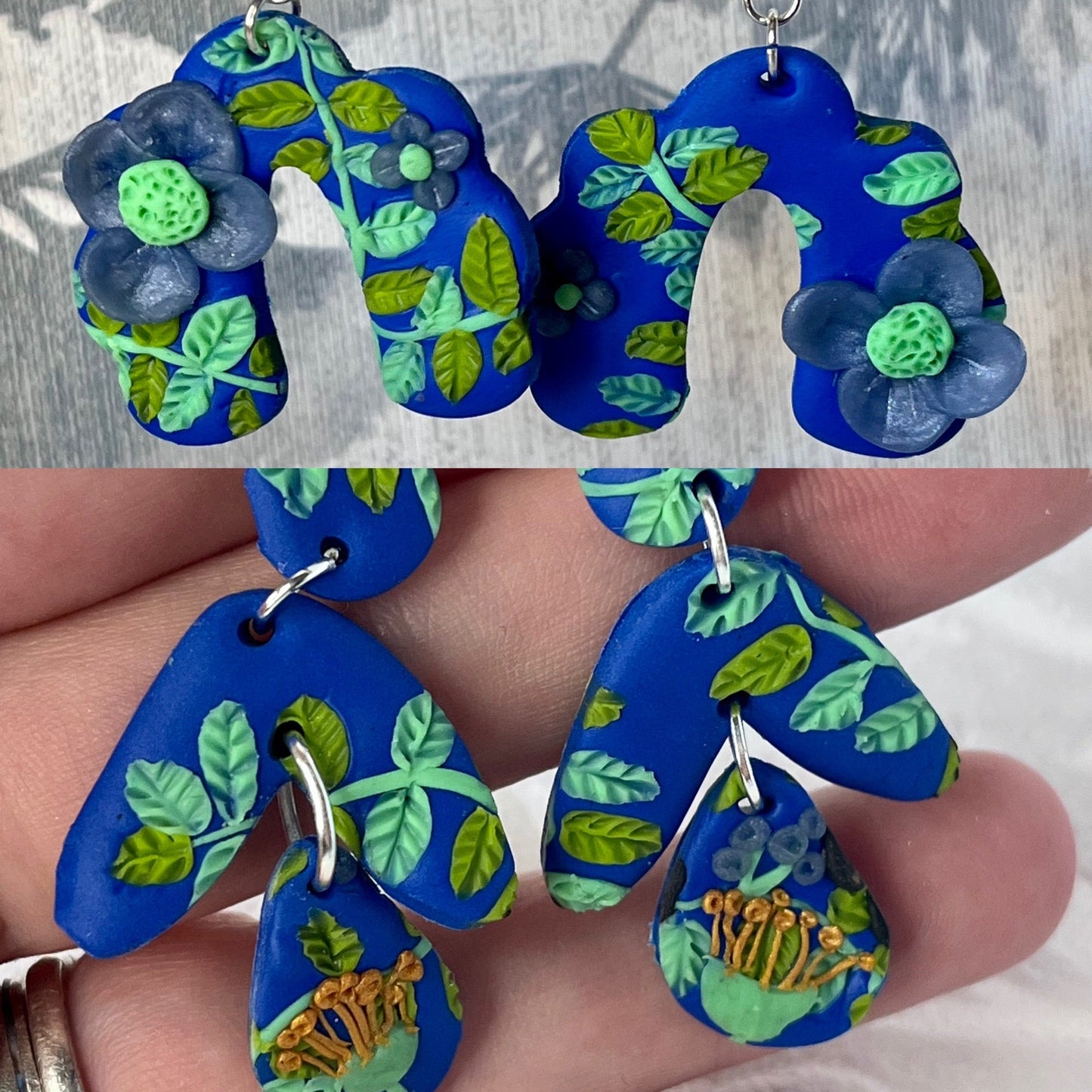 Blue & Green Flower and Leaf Pattern Earrings