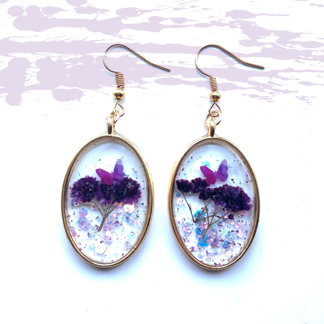 Handmade Purple Flower & Butterfly Oval Resin Dangle Drop Earrings
