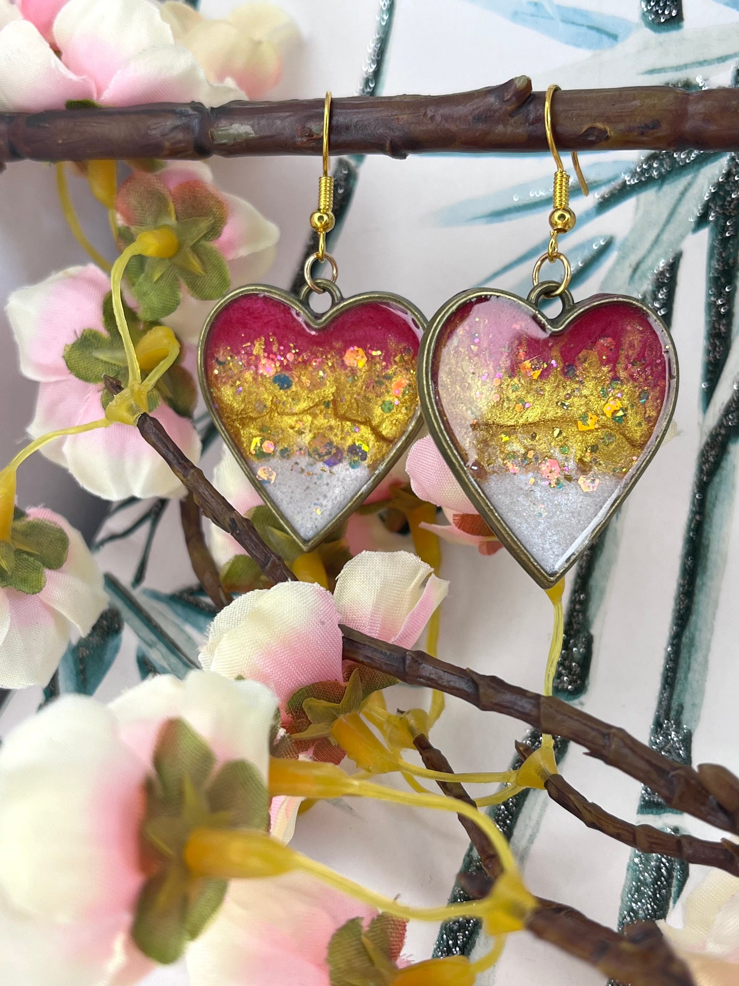 Handmade Pink, Gold & White Heart Resin Earrings