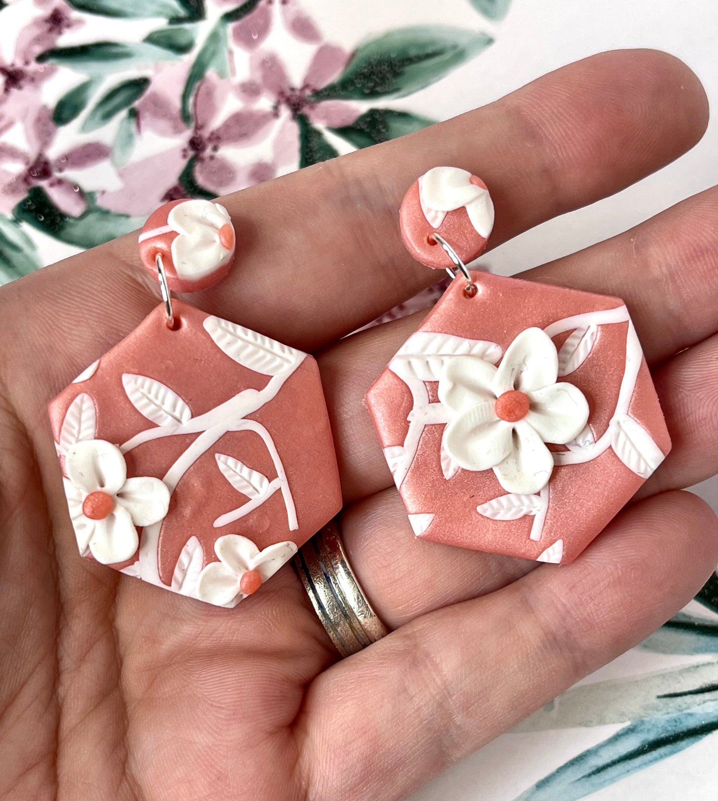 Metallic Pink & White Flower Hexagon Polymer Clay Stud Earrings