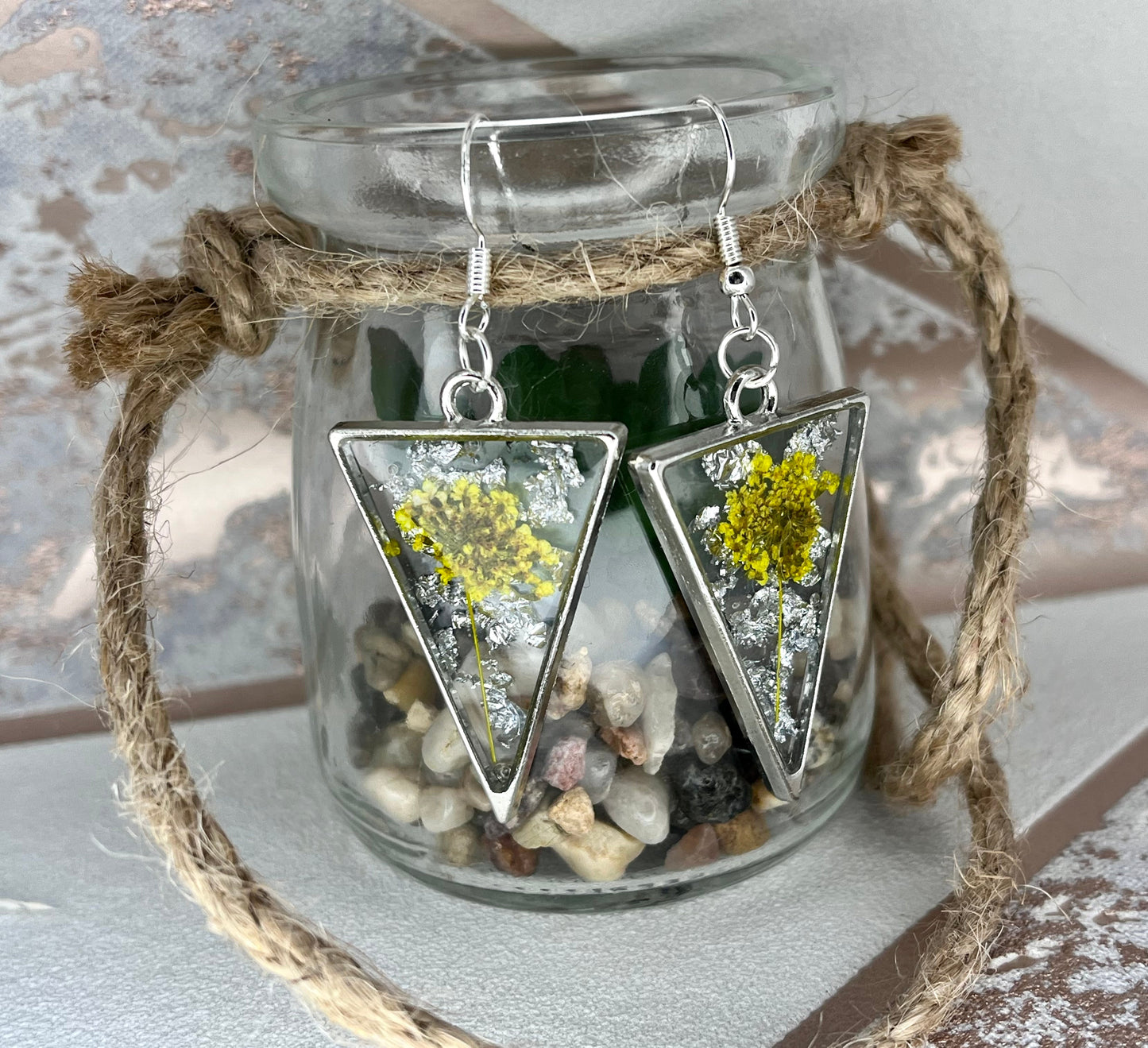 Handmade Yellow Flower Triangle Earrings