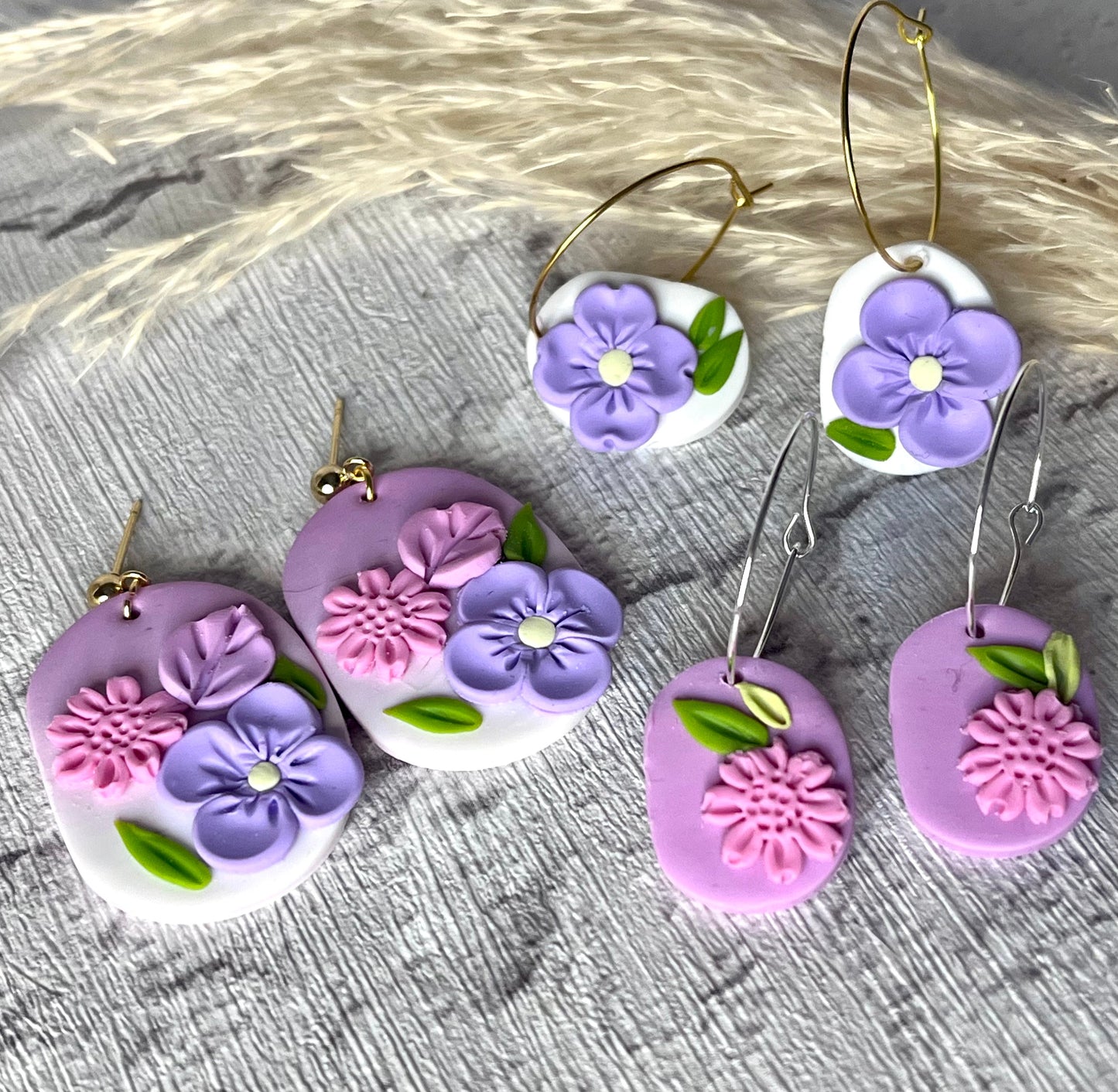 Purple & Pink Ombre Flower Polymer Clay Earrings