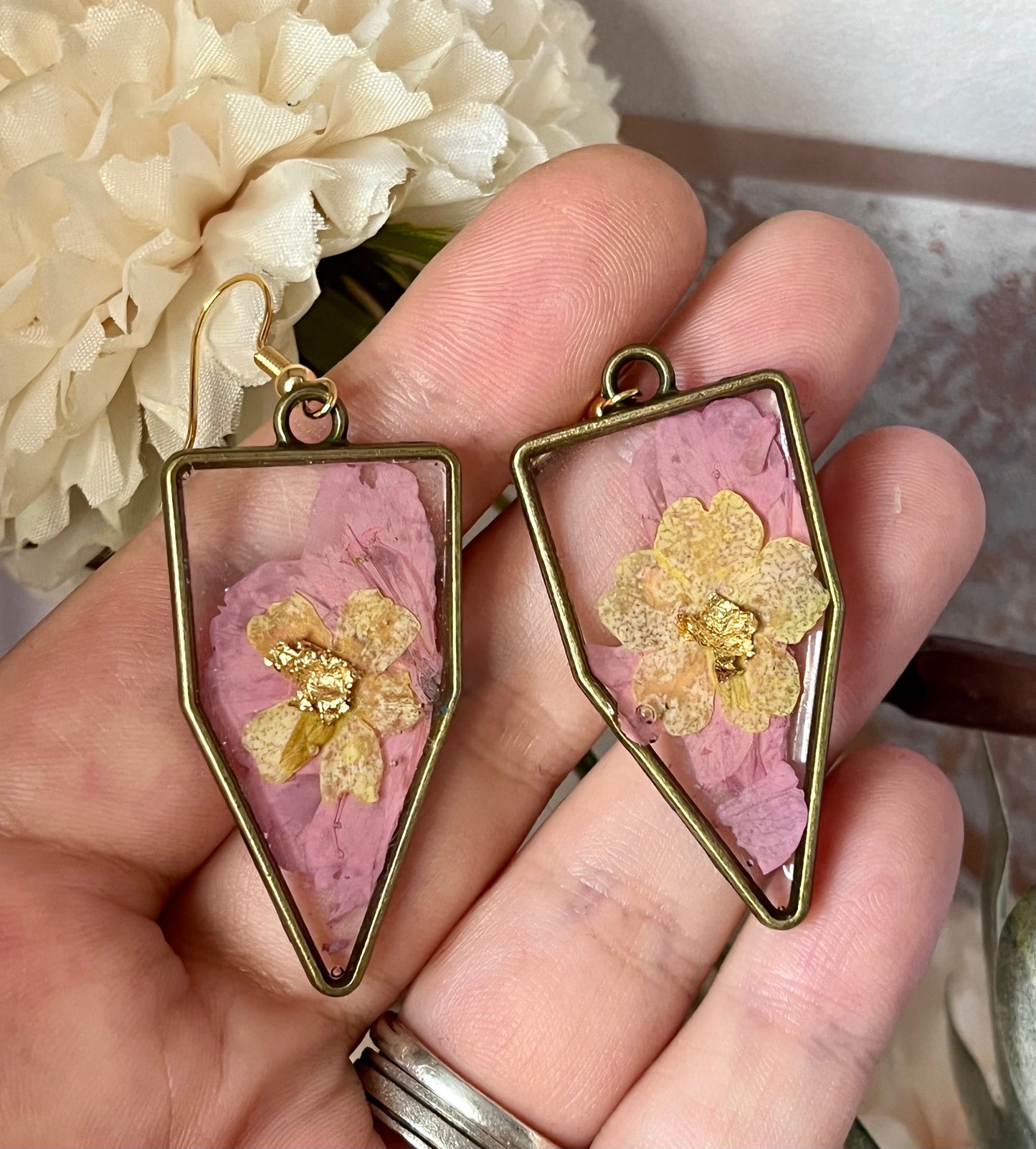 Handmade Pink & Yellow Real Flower Earrings