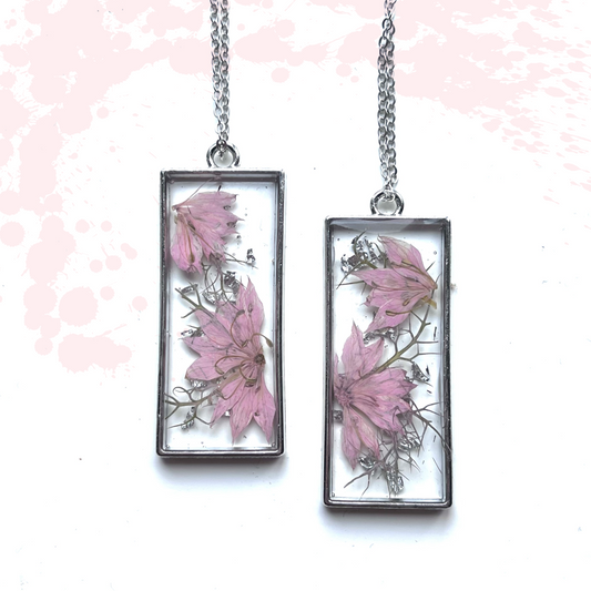 Handmade Pink Flower Rectangular Resin Pendant Necklace