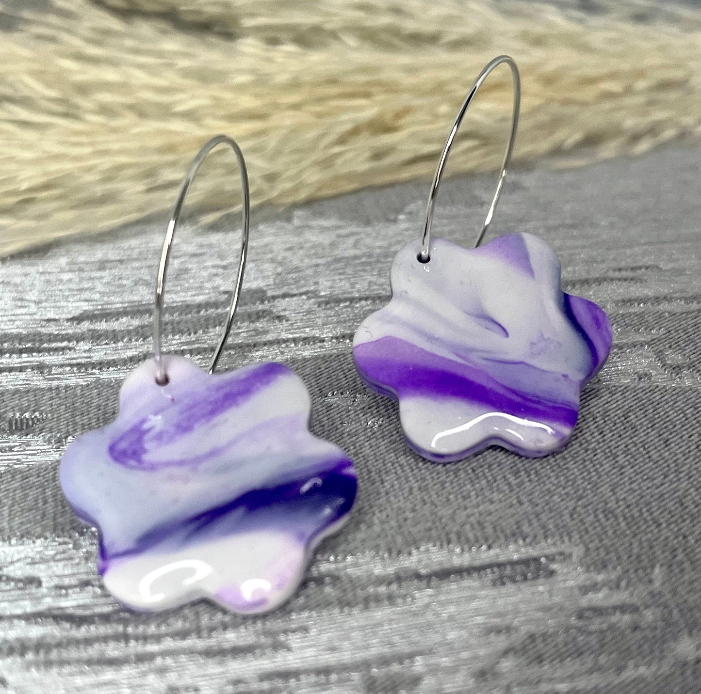 Purple & White Marble Polymer Clay Hoop Earrings