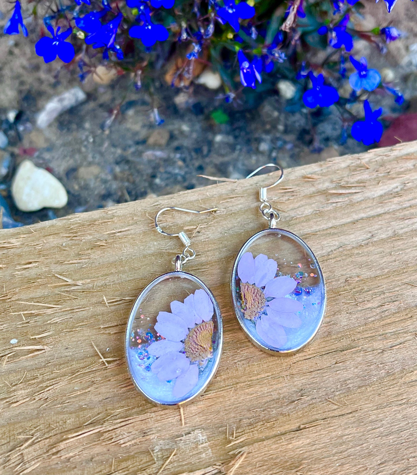 Handmade Oval Purple Flower Earrings