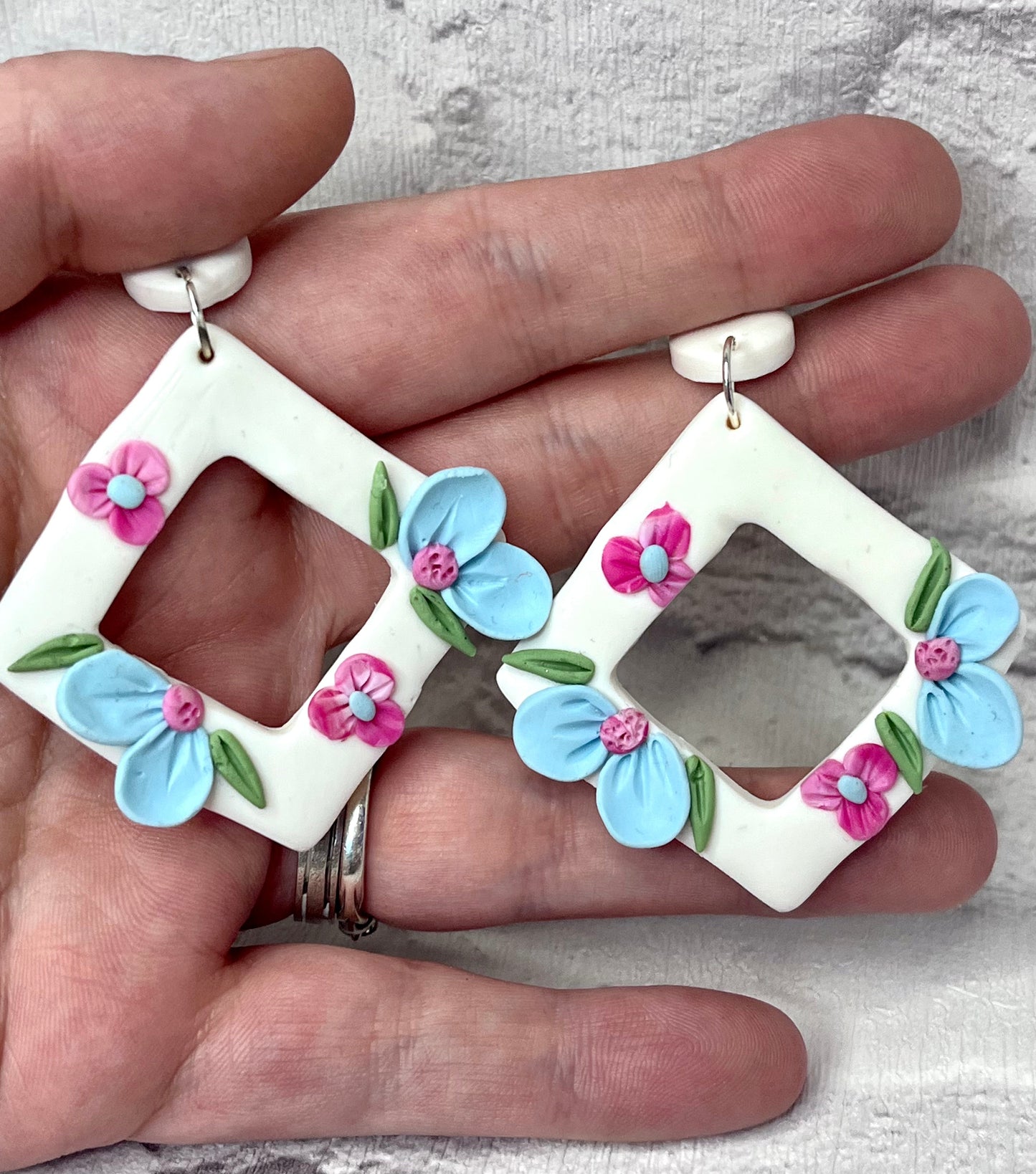 Handmade White Diamond Earrings with Blue & Pink Flowers