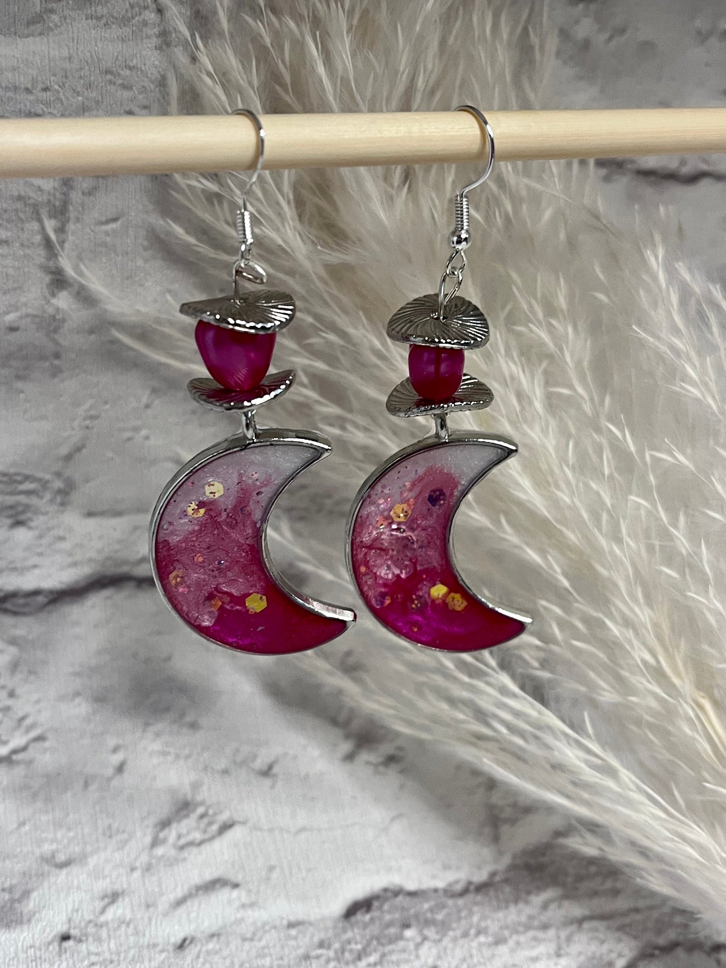 Handmade Pink Sparkle Moon Resin Dangle Drop Earrings
