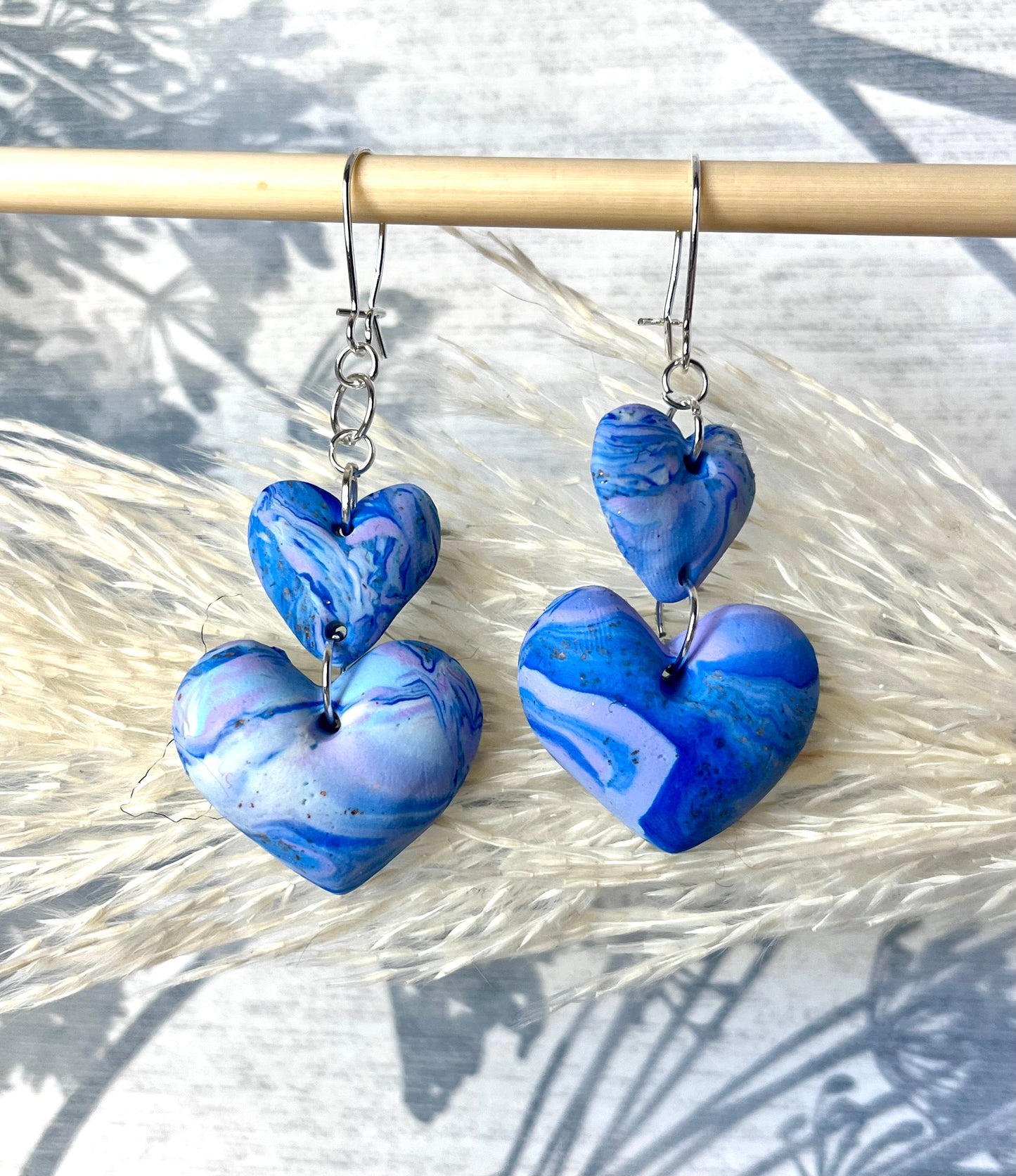 Blue Marble Polymer Clay Heart Earrings