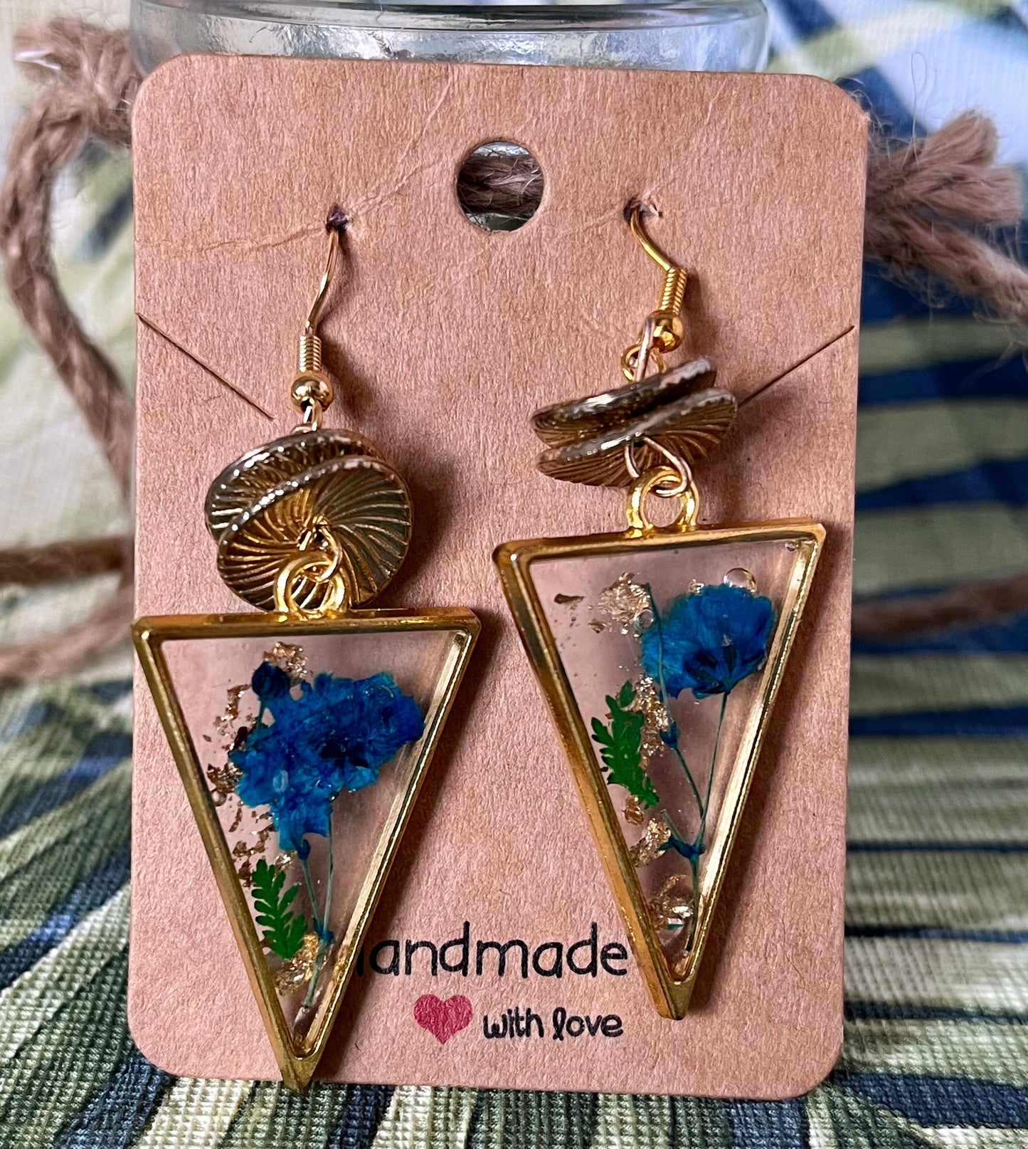 Handmade Blue Flower Gold Earrings