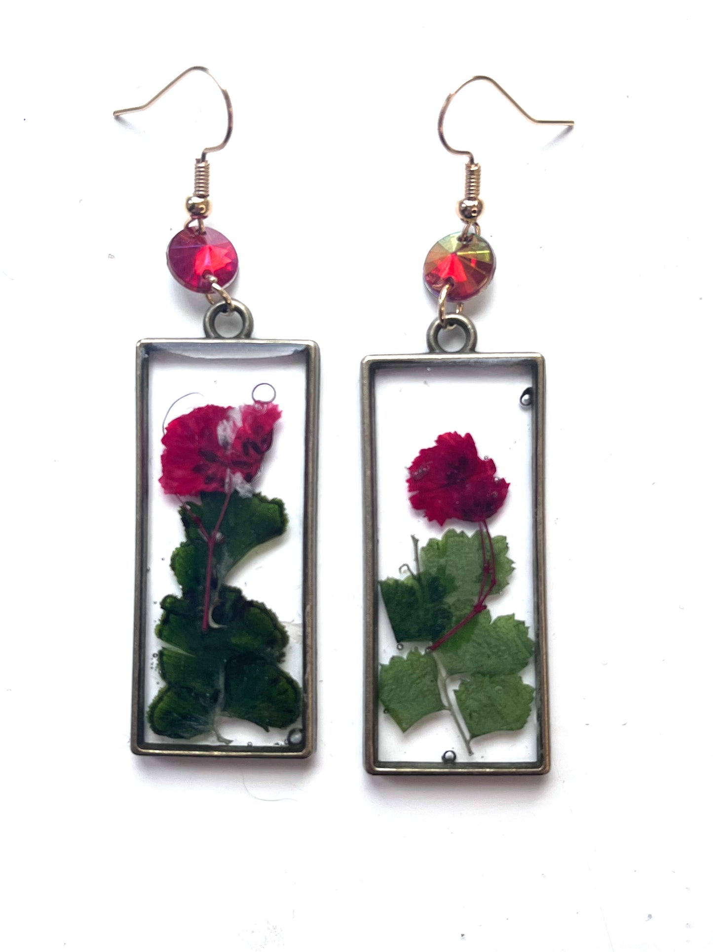 Handmade Red Flower & Green Leaf Resin Earrings