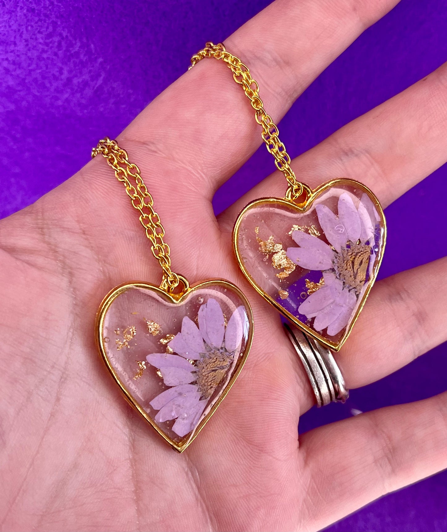 Handmade Purple Flower Heart Resin Pendant Necklace