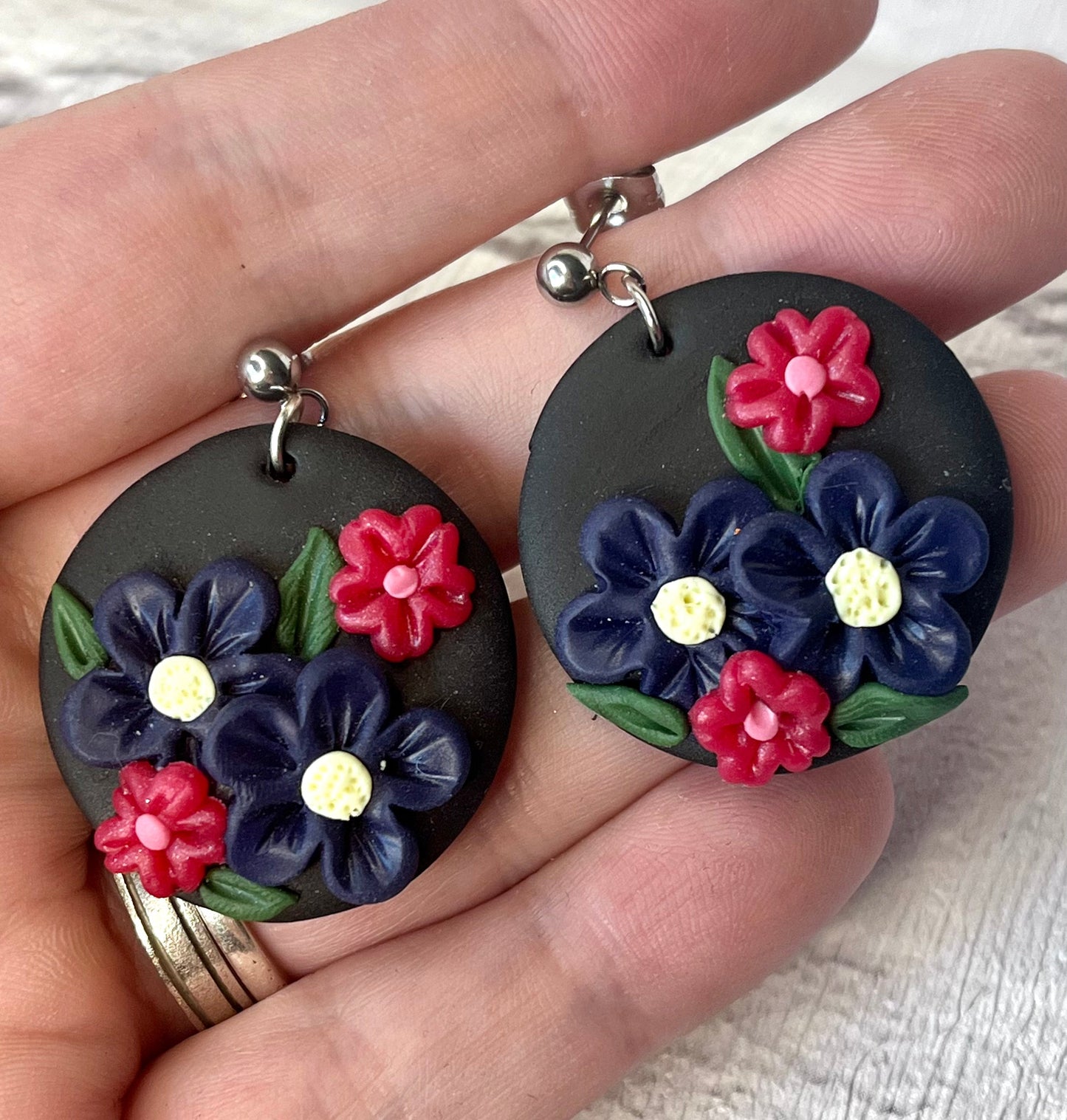 Black Flower Polymer Clay Stud Earrings