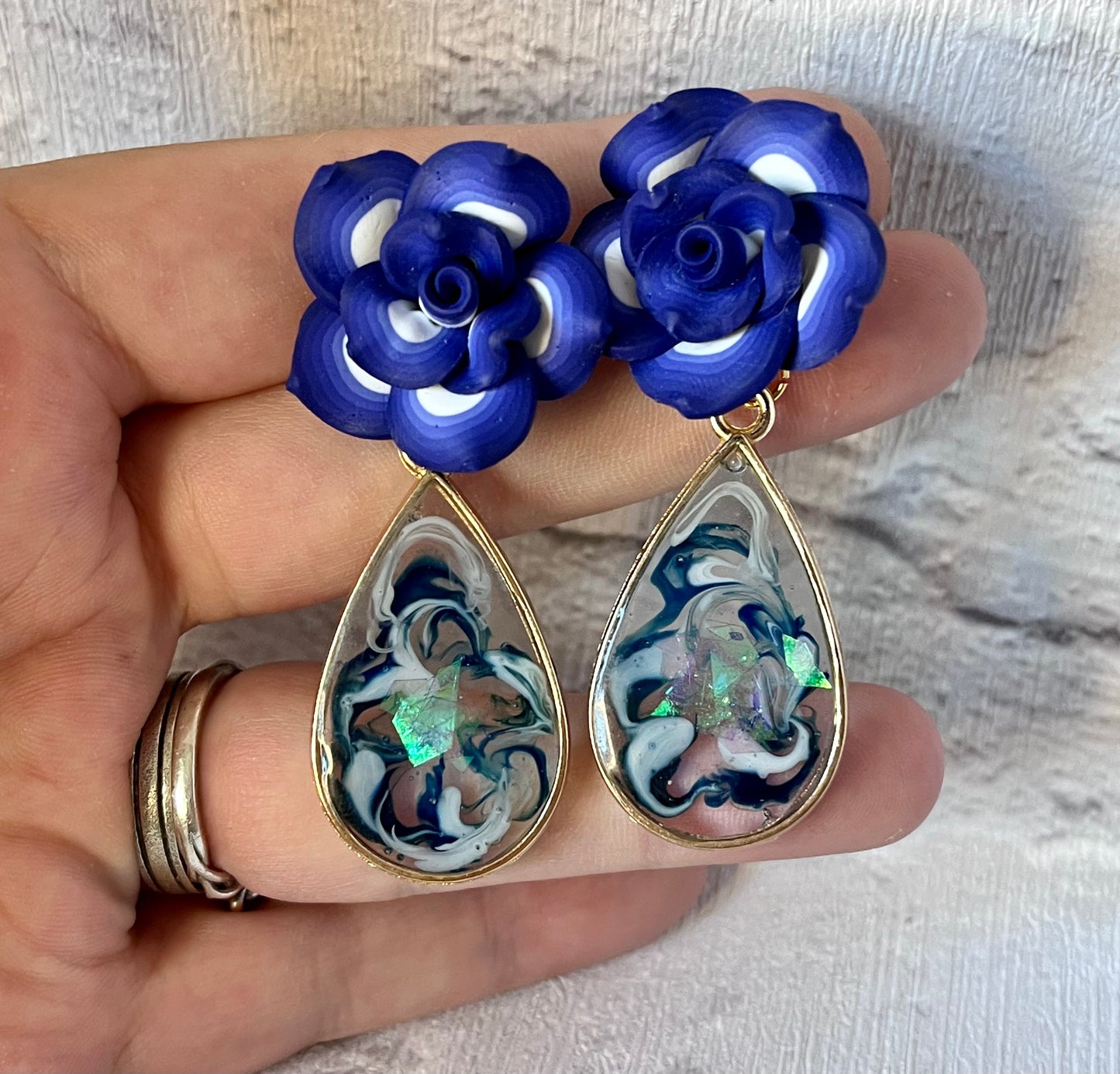Handmade Blue Swirl & Flower Resin Dangle Drop Stud Earrings