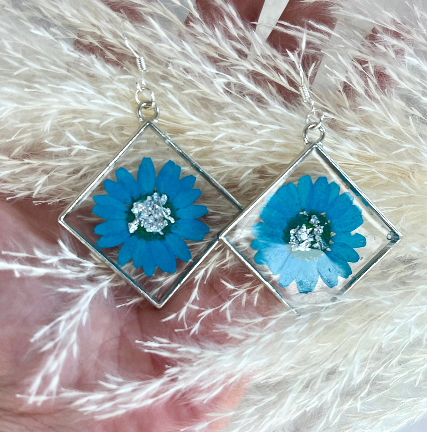 Handmade Blue Flower Diamond Resin Earrings