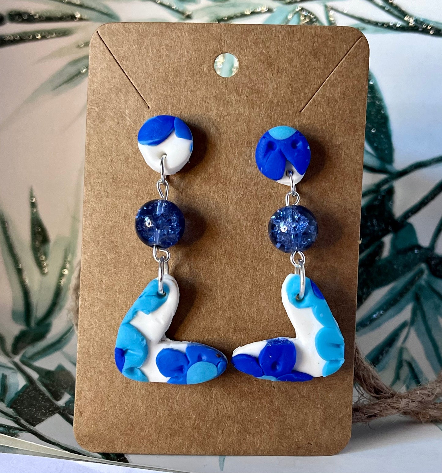 Handmade Blue & White Flower Pattern Polymer Clay Dangle Drop Stud Earrings