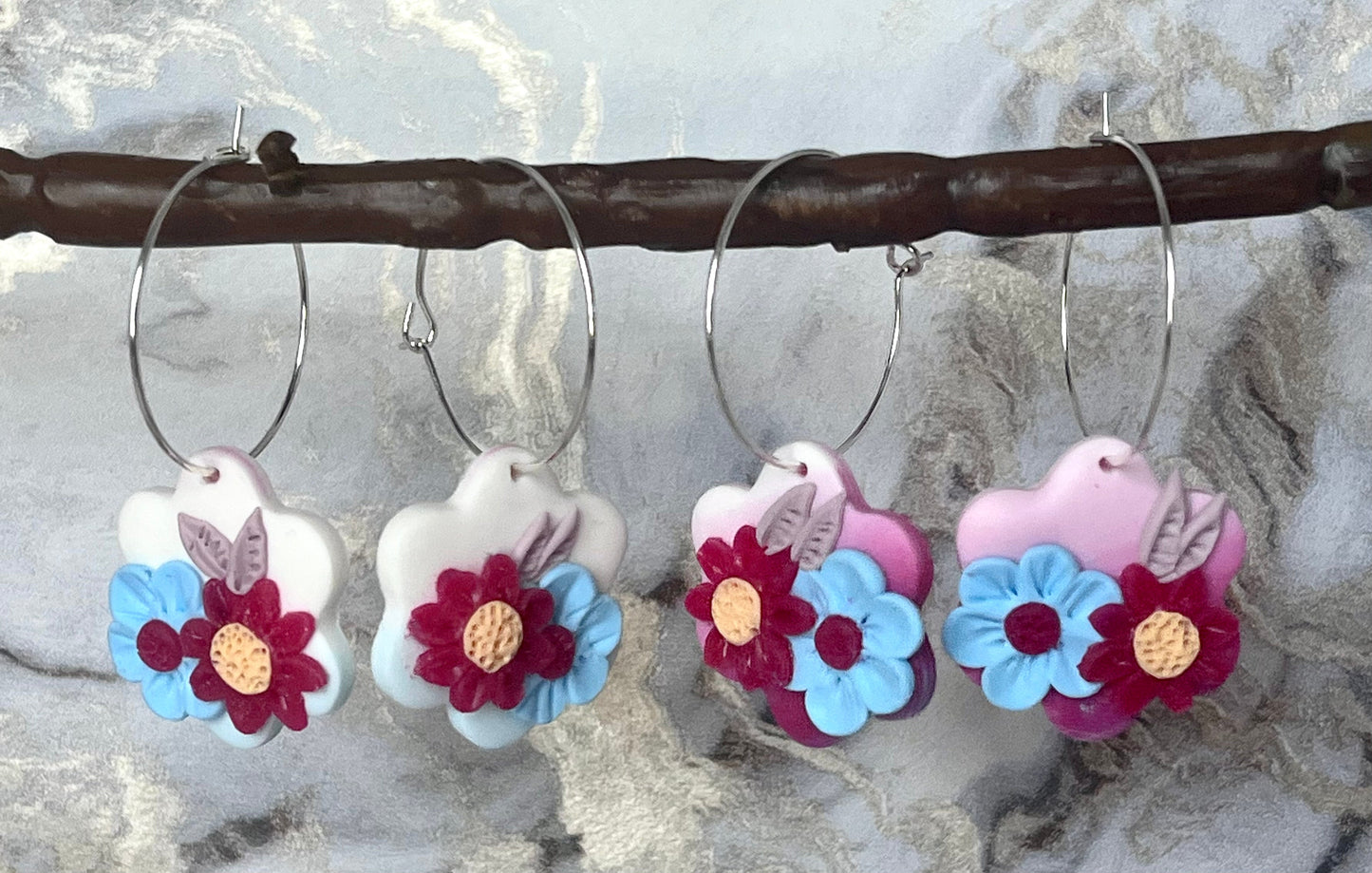 Handmade Pink & Blue Flower Polymer Clay Hoop Earrings