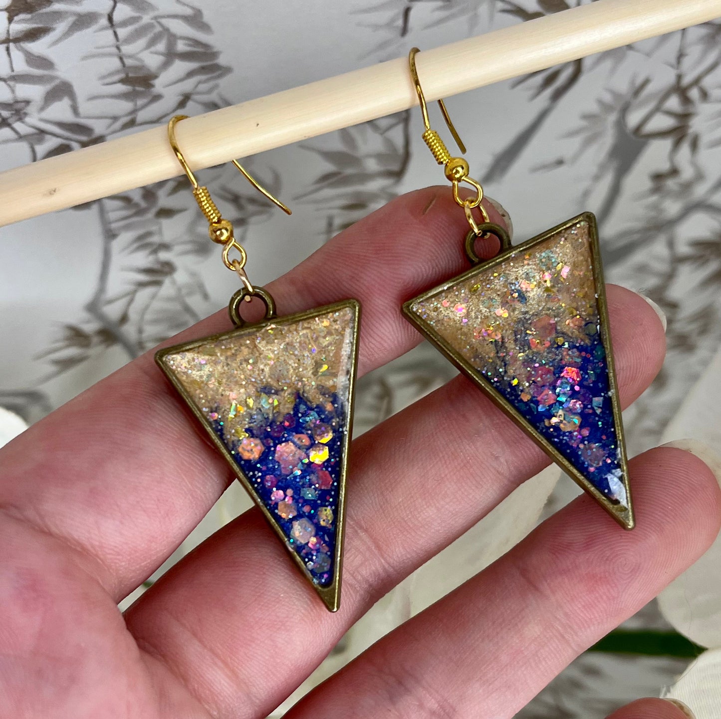 Handmade Blue & Gold Triangle Resin Earrings