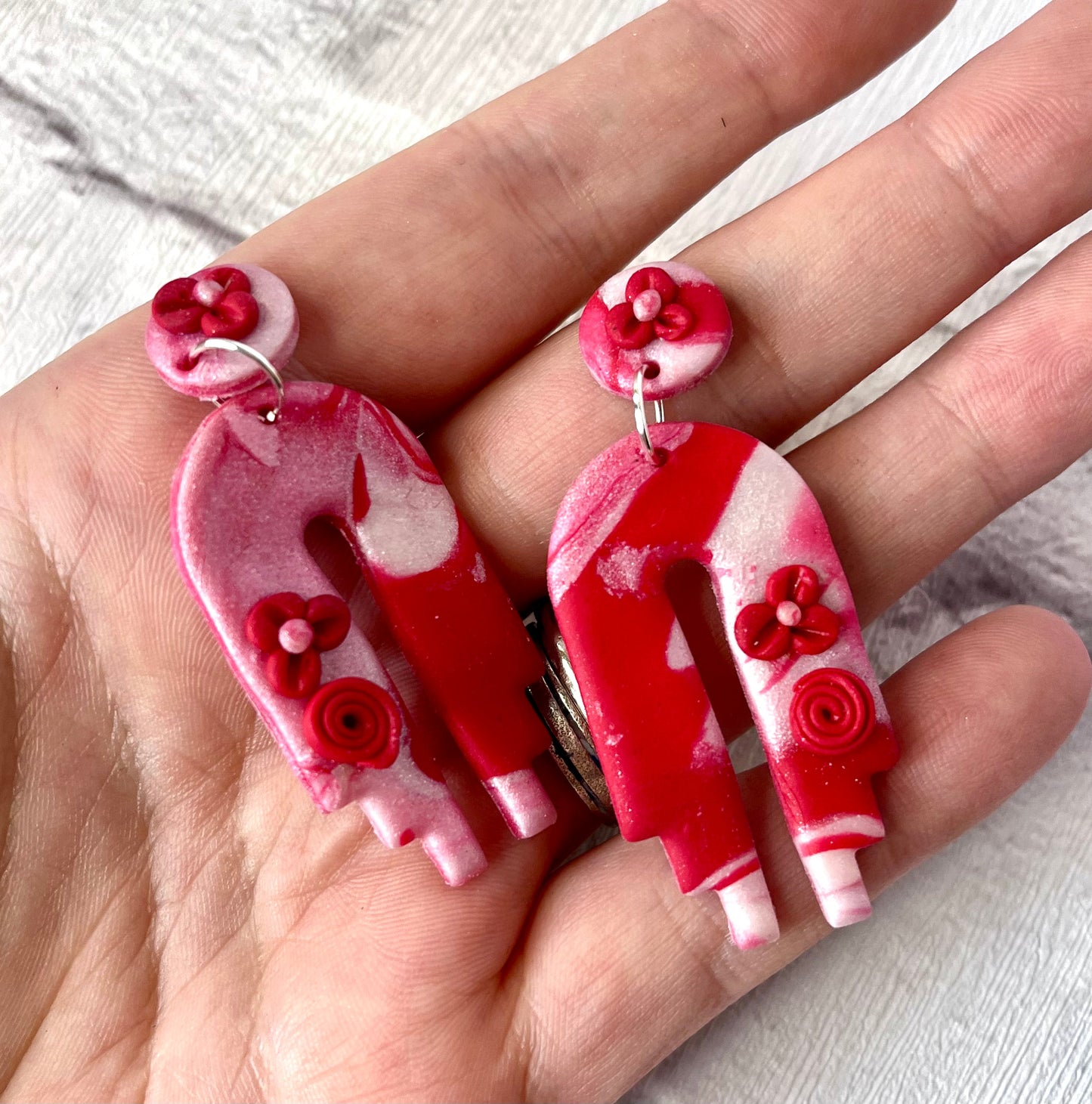 Retro Red & Pearl Flower Polymer Clay Stud Earrings