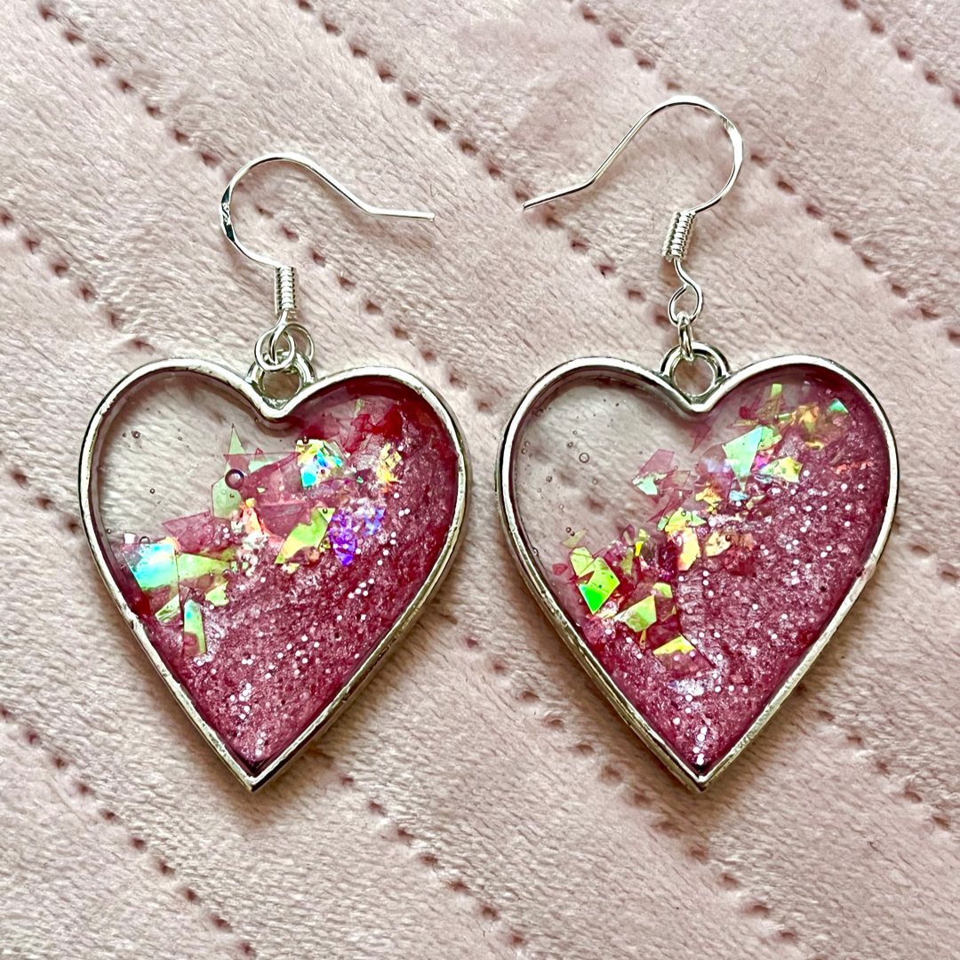 Handmade Pink Heart Resin Earrings